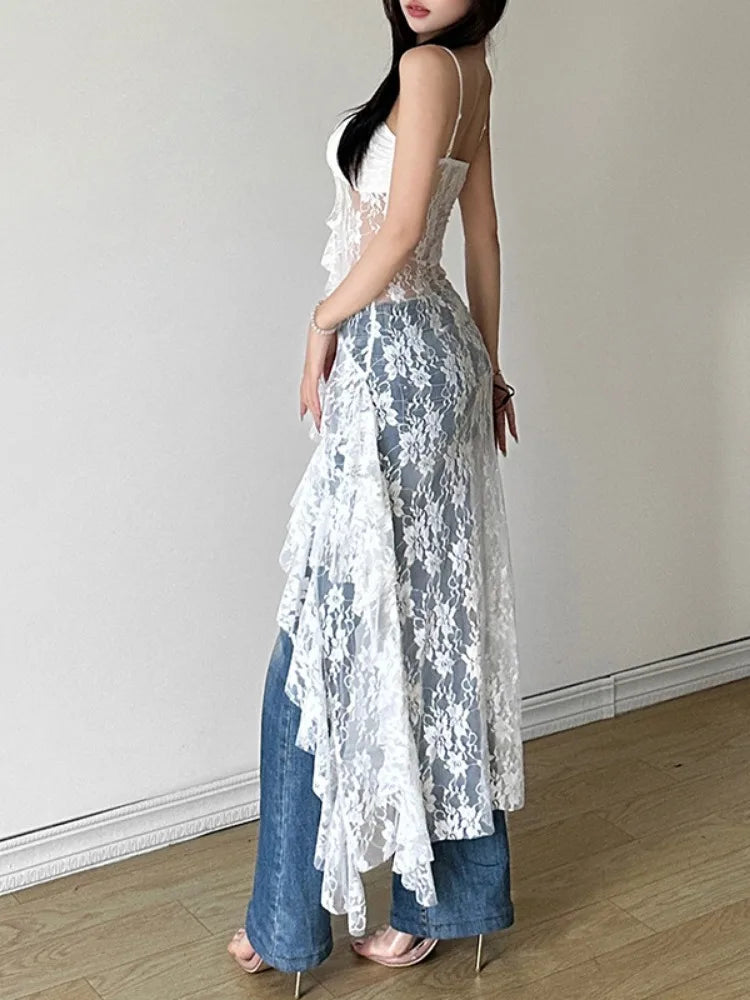 Hnewly Summer Streetwear Lace Solid Vintage Dresses 2024 Slim Fit Harajuku Woman Irregular Dress Grunge Y2k Aesthetic Ruffled Vestidos