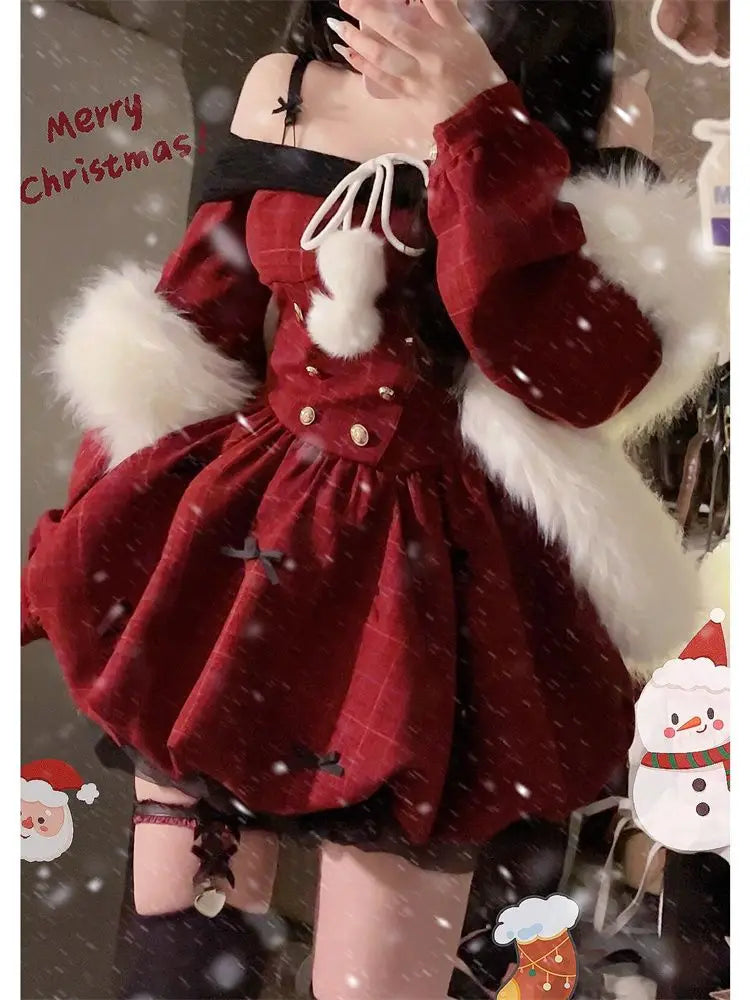 Hnewly DRESS TO IMPRESS Christmas Red Sweet Y2k Patchwork Women's Party Dress Slash Neck Long Sleeve Autumn Winter Ball Gown Dresses for Holiday