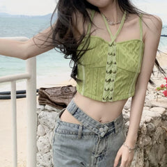 Hnewly  Korean Style Chic Slim Fit Splicing Design Versatile Lace Sling Vest