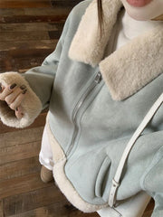 Hnewly  Faux Suede Lamb Jackets Women Winter Warm Thick Sweet Cute Short Coat Korean Vintage Loose Long Sleeve Preppy Style Tops