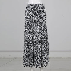Hnewly  Ladies' Fashion Bohemian Printed Elastic Waist Midi Skirt Thin Loose Casual Comforatble Tie Long Skirt Vacation Beach Clothes