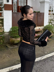 Hnewly  Cutenew Furry Patchwork T-Shirt Women Coquette Sexy Jacquard V-Neck Full Sleeve Stretch Skinny Midnight Trend Club Streetwear