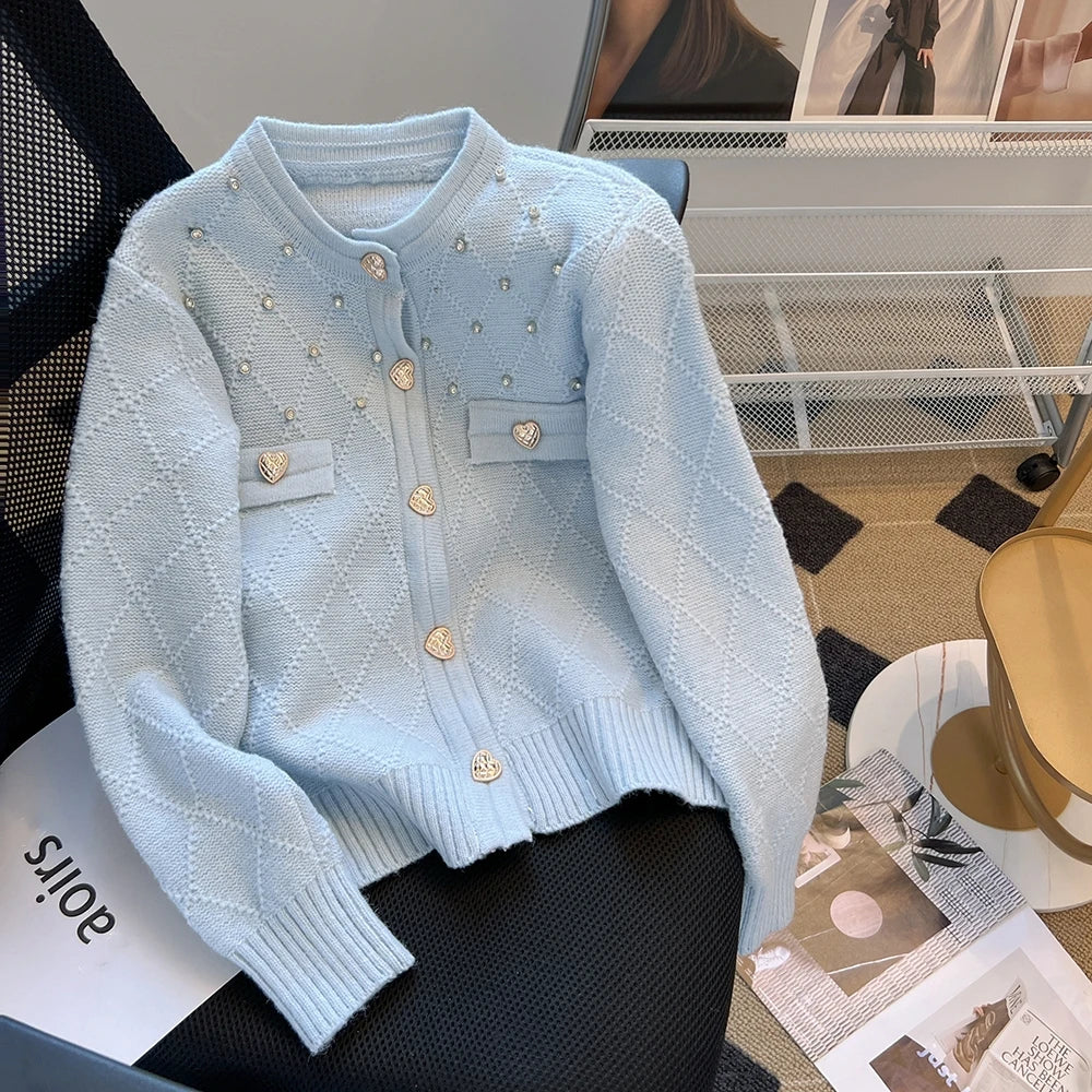 Hnewly  French Knitted Cardigan Sweater Luxury Diamond O-Neck Long Sleeve Top Women's Autumn Winter Korean Soft Comfort Coat