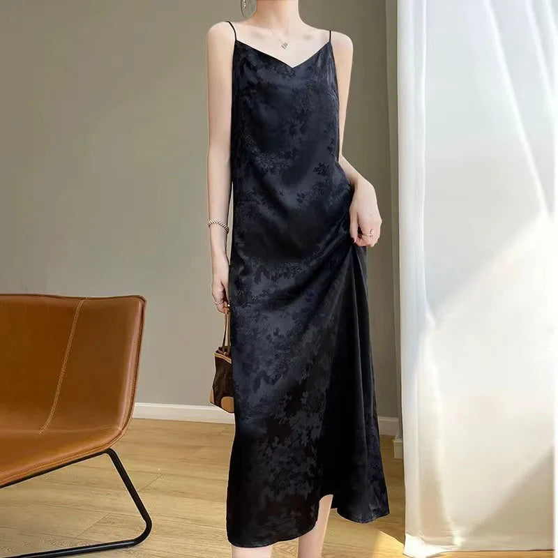 Hnewly Satin Jacquard Slip Dress for Women Summer Sexy Hollow Out Sleeveless Midi Dress Y2K Korean Elegant Beach Party Vestidos New