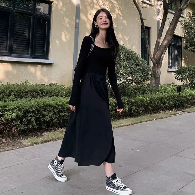 Hnewly Vintage Square Collar Maxi Wedding Dresses for Women Clothing Party Office Lady Casual Black Pockets Bodycon Midi Dress Autumn