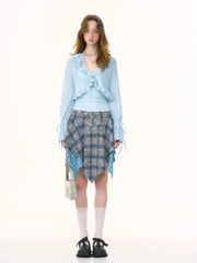 Hnewly  Irregular Patchwork Tie Dye Blue Plaid Skirts 2025 Summer New Skirt for Women Y2k High Waist Ruffles Faldas Sexy Mujer