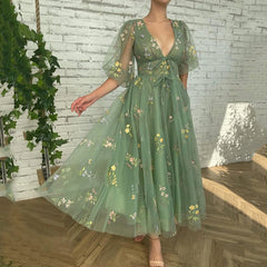Hnewly  Elegant Green Evening Dresses Puffy Sleeve V Neck Tulle Romantic Flower Backless A Line Floor Length Party Prom Gowns  formal dress