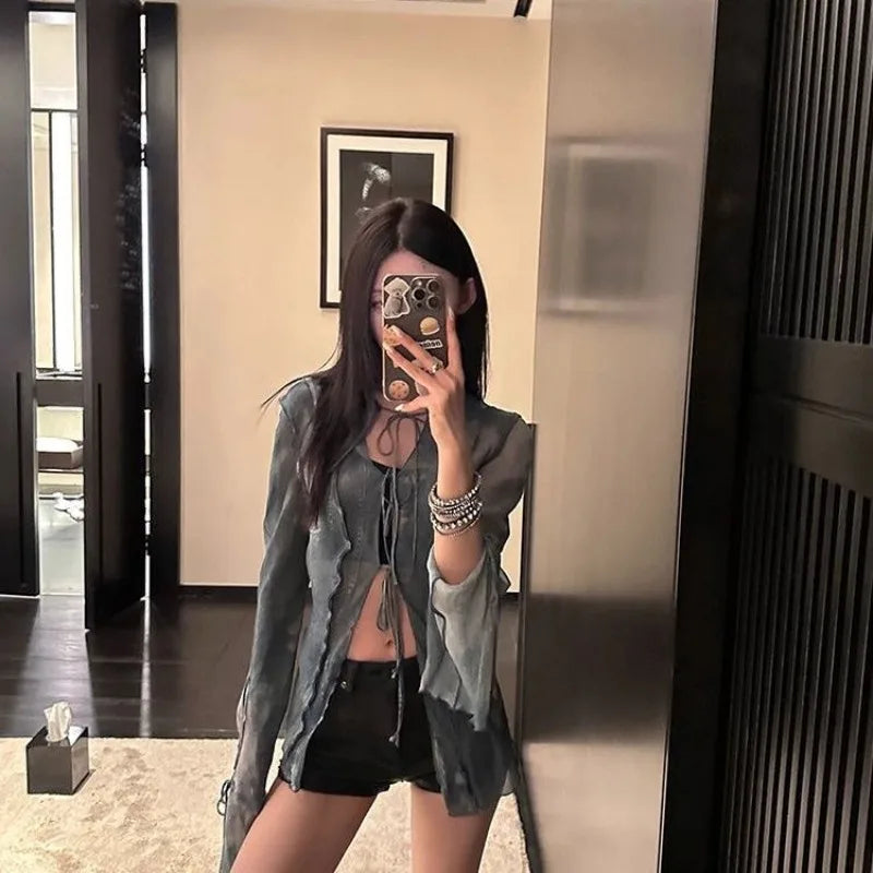 Hnewly  Y2k Vintage Denim Blue Print Shirts Women Summer Hollow Out Slim Fit Blouses 2025 Fashion New Long Sleeve Blusas Mujer
