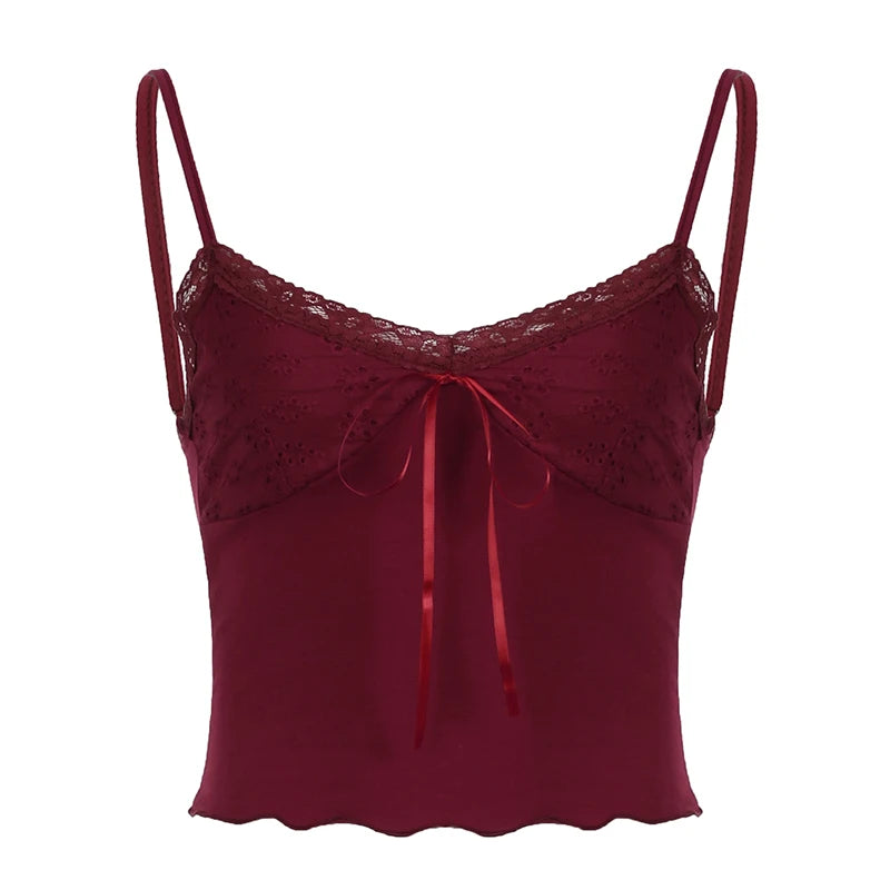 Hnewly Red Patchwork Lace Camis Y2k Vintage Sleeveless Skinny Bandage Bow Crop Top Women Summer Casual Tees Harajuku Ladies Tops
