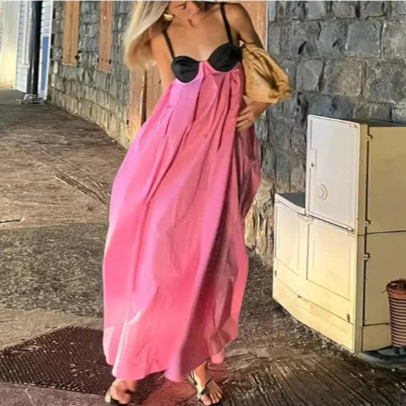 Hnewly  High Street Sexy Office Lady Sleeveless Women's Clothing Pullover Summer Camisole Contrast Color Ankle Skirts Sweet Dresses