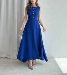Hnewly  Women's New Solid Color Round Neck  Elegant Casual  Sleeveless Button - Front Maxi Dress