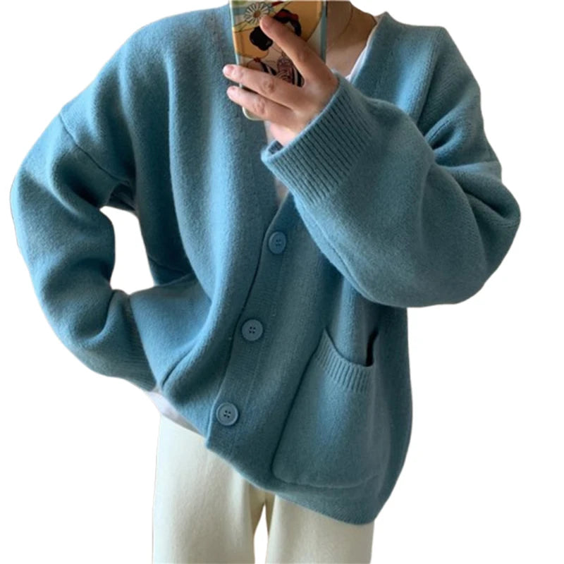 Hnewly Women Cardigan Sweater y2k Clothes Solid Color V Neck Single Breasted Long Sleeve Knitted Tops with Pockets Streetwear