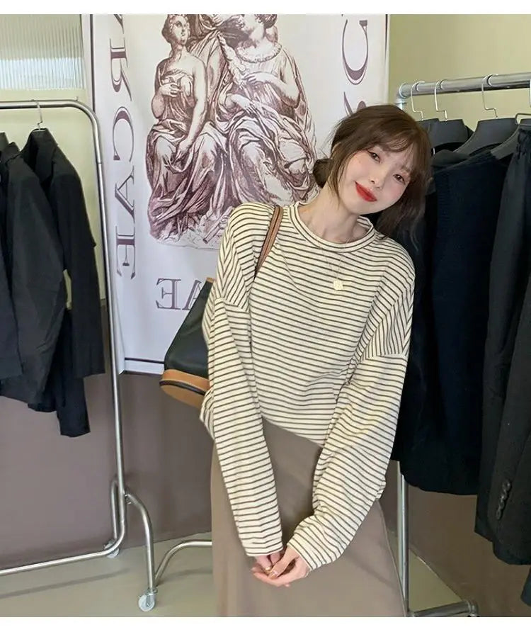 Hnewly  Coffee Stripes Cotton T-Shirts Women Loose Spring Autumn 2023 Lady Casual Full Sleeve O-Neck Chic All Match Tops