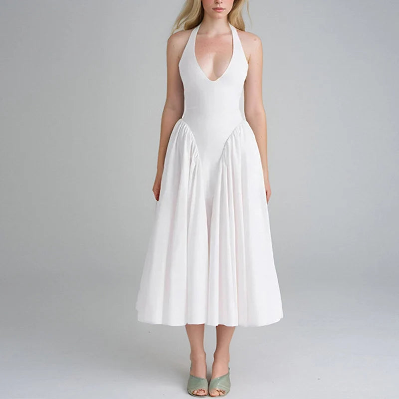 Hnewly  Elegant V Neck White Long Dress Women Fashion Hanging Neck A Line Party Drsses Woman Pocket Pleated Princess Sundress Mujer