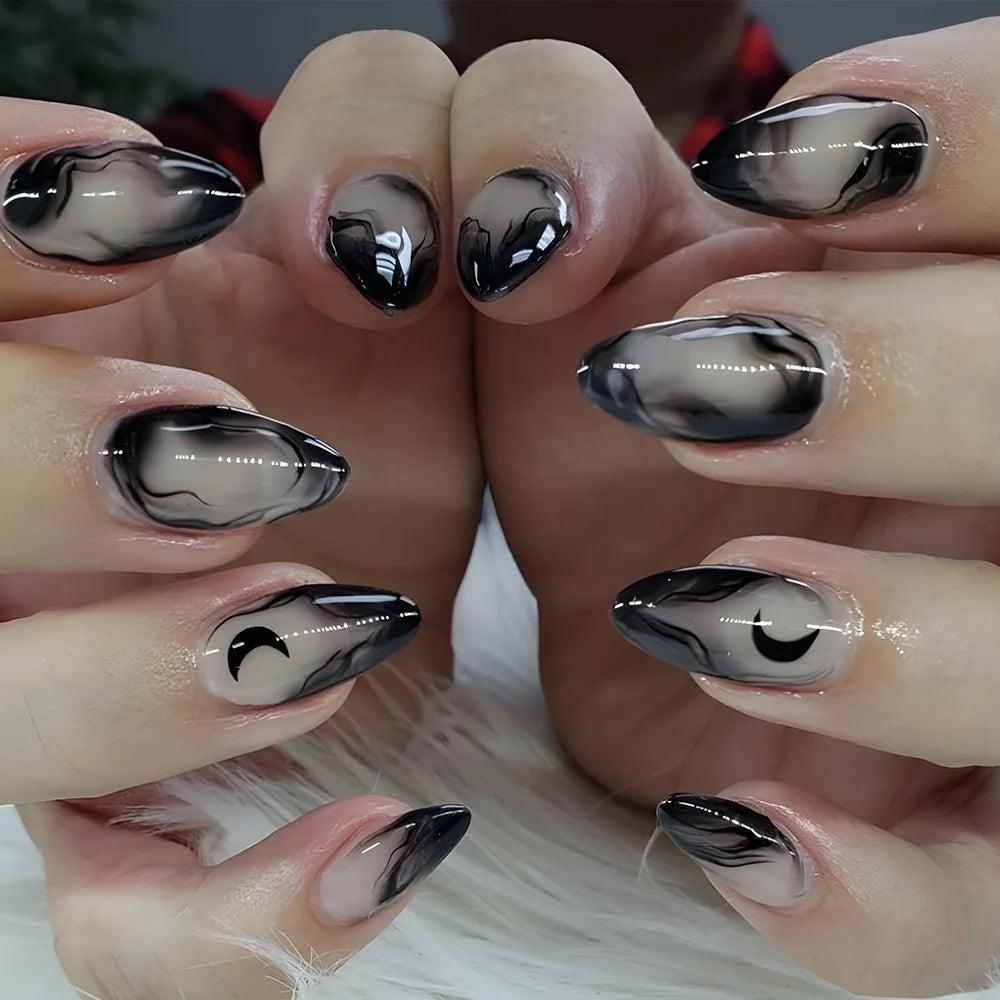 Hnewly 24Pcs Golden French Fake Nail with Almond Head Design Simple Oval False Nails Wearable Press on Nails Full Cover Nail Tips