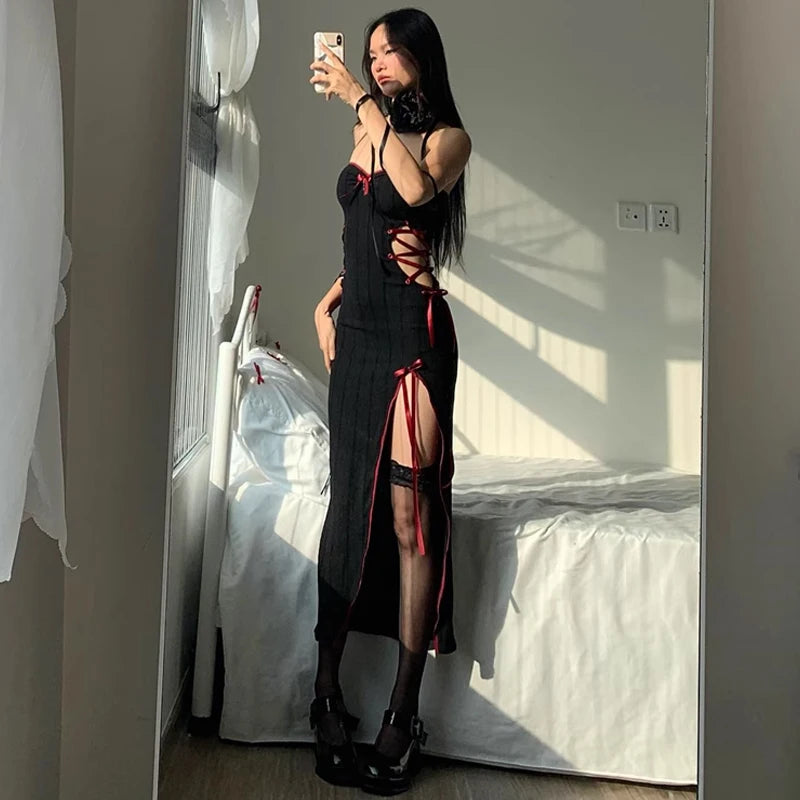 Hnewly Gothic Sexy Bow Applique Bandage Long Dress Aestheitic Strapless Skinny High Slit Dresses Y2K Fashion Club Party Dress