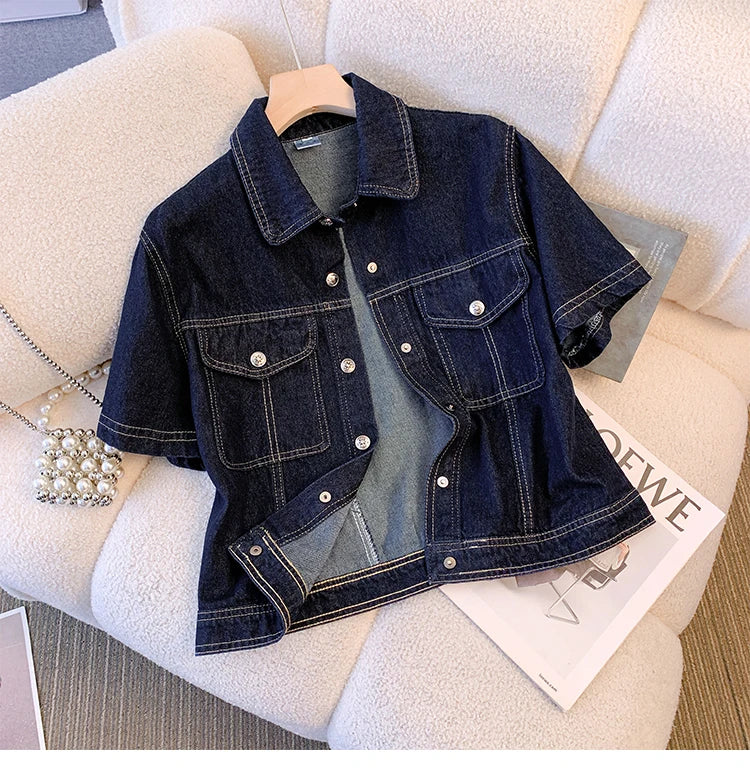 Hnewly  Deep Blue Short Sleeve Denim Jacket For Women Spring/Summer Lapel  Single Breasted Korean Loose All-Match Short Casual Top