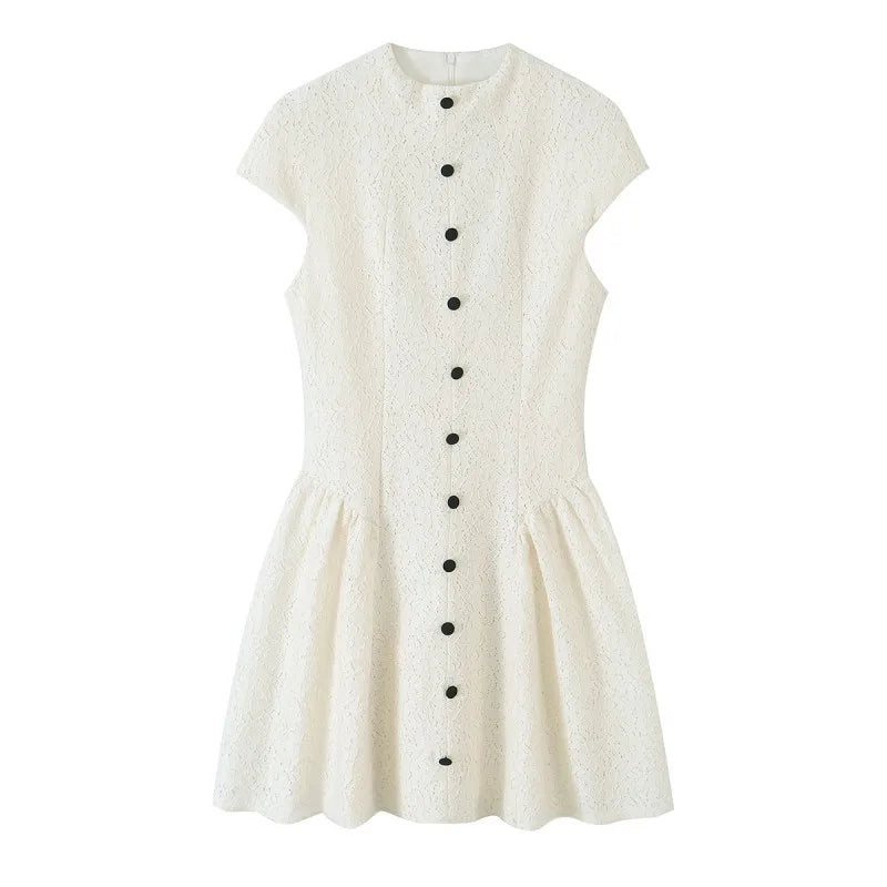 Hnewly  Women's Lace Dress Short, Retro Round Neck Button Detail Mini Dress, A-Line Casual Elegant Party Dress for Spring Summer