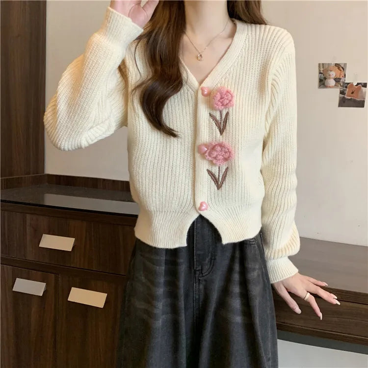 Hnewly  Flower Applique Knit Cardigan Autumn Winter Women Cardigan Sweater Coats Long Sleeve Crop Knitted Jackets Cute Outfit