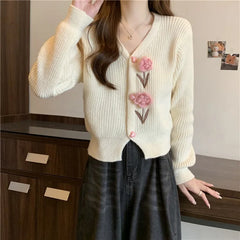 Hnewly  Flower Applique Knit Cardigan Autumn Winter Women Cardigan Sweater Coats Long Sleeve Crop Knitted Jackets Cute Outfit