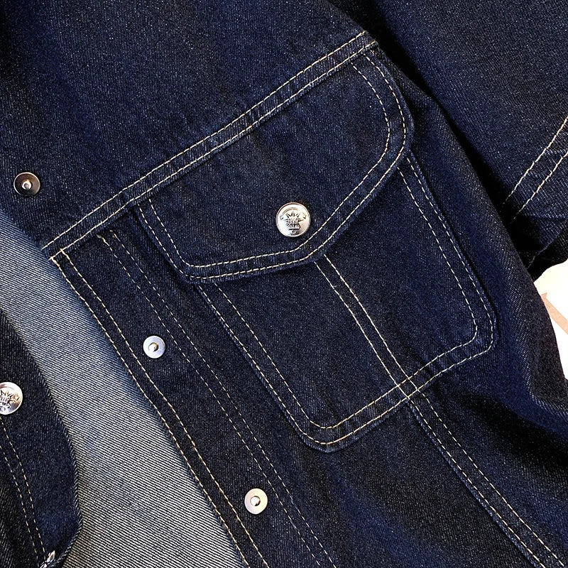 Hnewly  Deep Blue Short Sleeve Denim Jacket For Women Spring/Summer Lapel  Single Breasted Korean Loose All-Match Short Casual Top