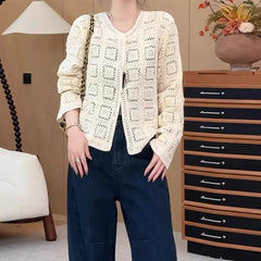 Hnewly  Crochet Cardigan for Women Sheer Openwork Button Front Pointelle Knit Jacket Tops Blouse French Chic Boho Vacation Outfit
