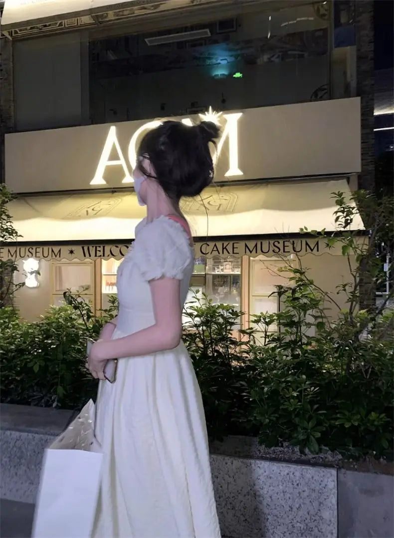 Hnewly  Woman Dress Puff Short Sleeve Square Collar Ruffles Patchwork Sweet Elegant Fashion Princess Female Casual Dresses
