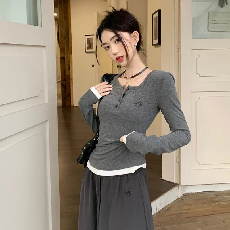 HnewlyT-shirts Women Fake 2 Pcs Spring Autumn Slim Tops Long Sleeve Korean Retro Female Stylish All-match Young Style Basic Clothes