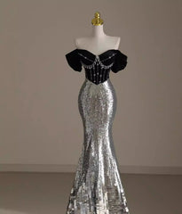 Hnewly  Strapless Slim High Waist Black Silver Mermaid Evening Dress Host Annual Meeting Birthday Coming-of-Age Ceremony Banquet Dress