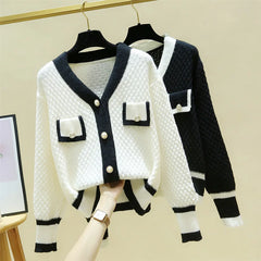 Hnewly  Korean Knit Sweater Temperament V-neck Single Breasted Jacket Women's Spring Autumn New Loose Long-Sleeved Cardigans  Coat