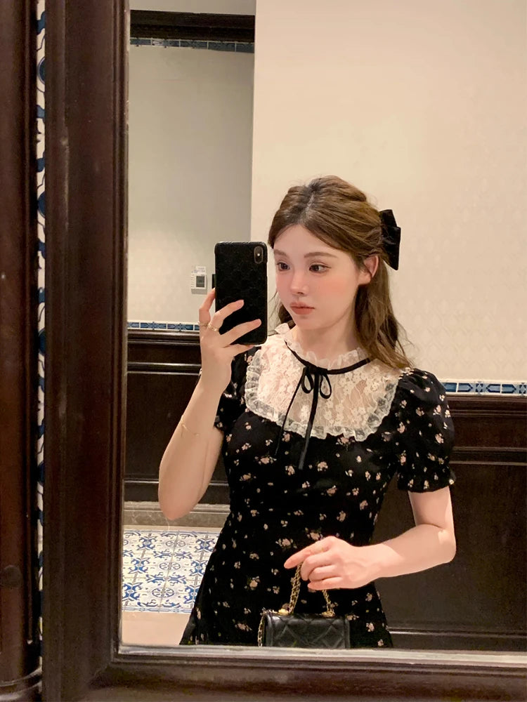 Hnewly French Elegant Floral Print Dress Women Casual Lace Patchwork Short Sleeve Black Dress Evening Party Korean Fashion Clothing