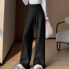 Hnewly  Fashion Tassel Edge Knitted Pants for Women Loose Wide Leg Pants Woman Autumn Winter Drawstring High Waist Baggy Strousers Lady