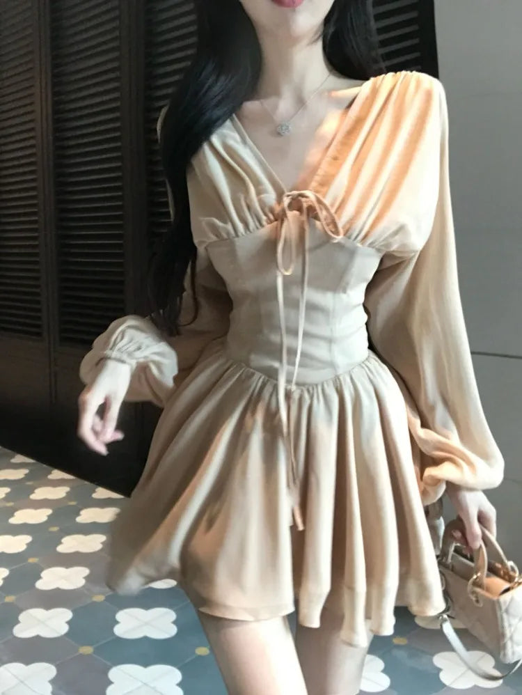 Hnewly  Woman Dress Elegant Long Sleeve V Neck Bandage Slim Spring Summer Fashion Sweet Mini Dresses Female Casual Chic