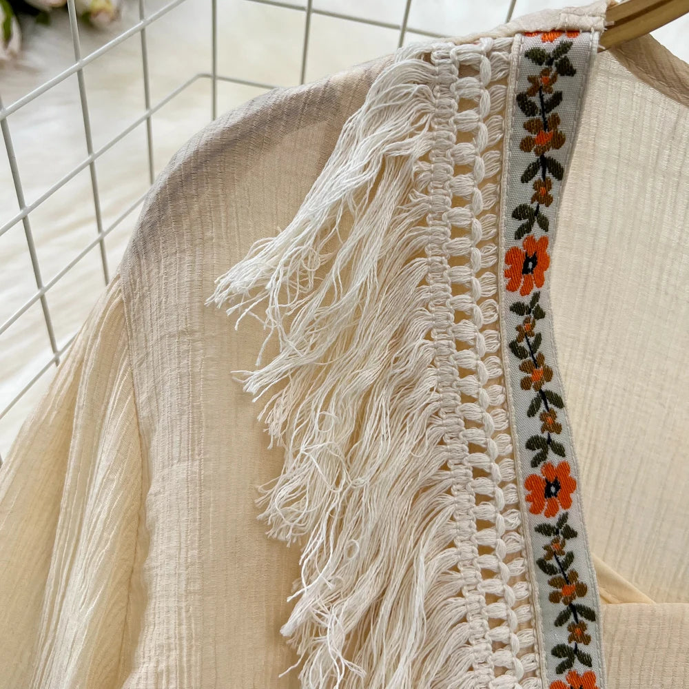 Hnewly  Tassel Patchwork V-neck Vacation Dress Sweet Lantern Sleeves Loose Mid Length A-line Dresses Elegant Embroidery Beach Vestido
