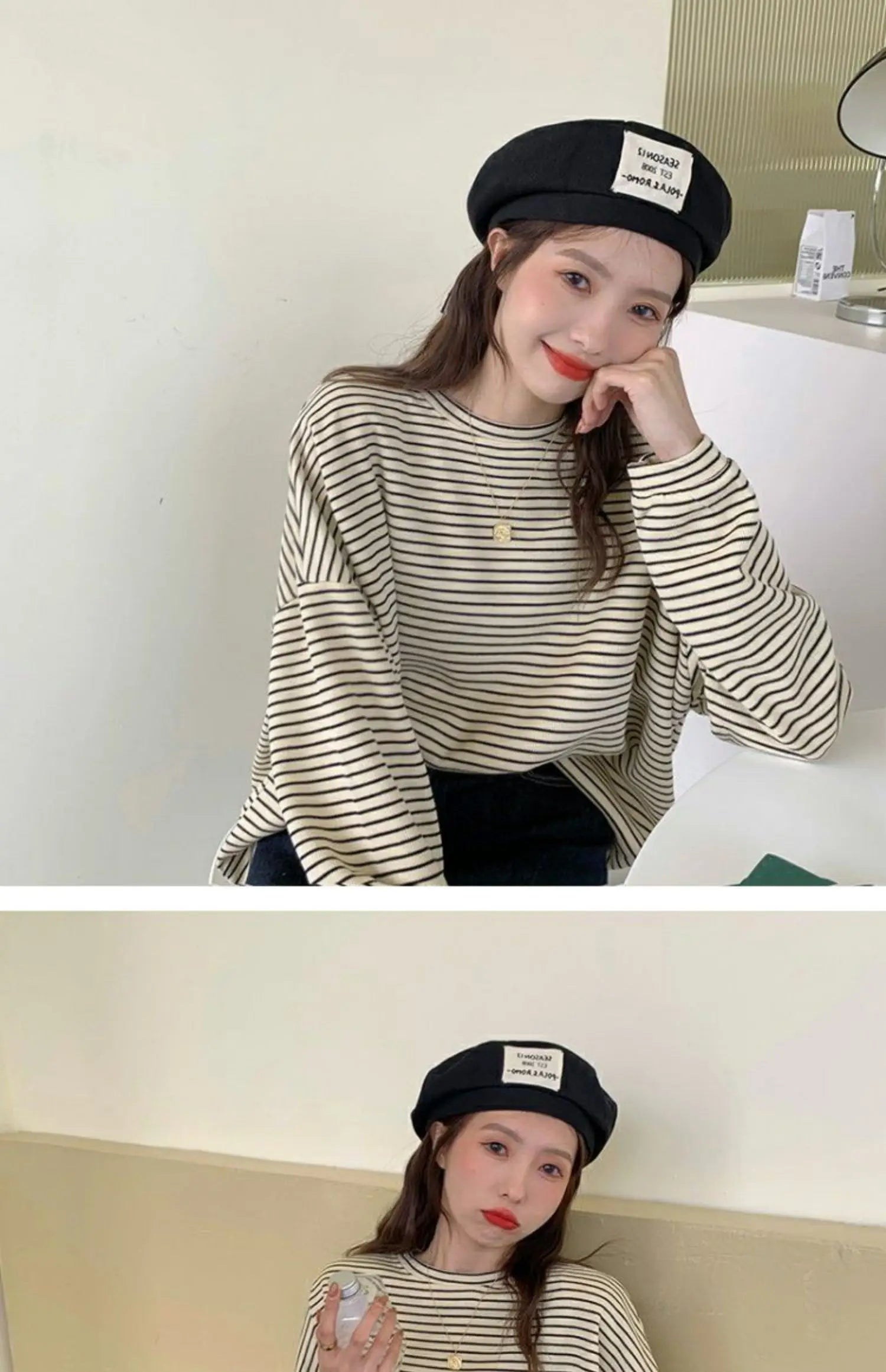 Hnewly  Coffee Stripes Cotton T-Shirts Women Loose Spring Autumn 2023 Lady Casual Full Sleeve O-Neck Chic All Match Tops