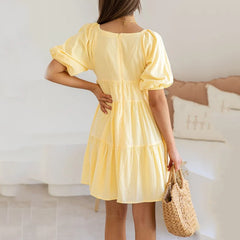 Hnewly  Solid Color V Neck Loose Dress for Women Summer Beach Vacation A Line Dresses Woman Puff Sleeve Pregnants Maternity Dresses