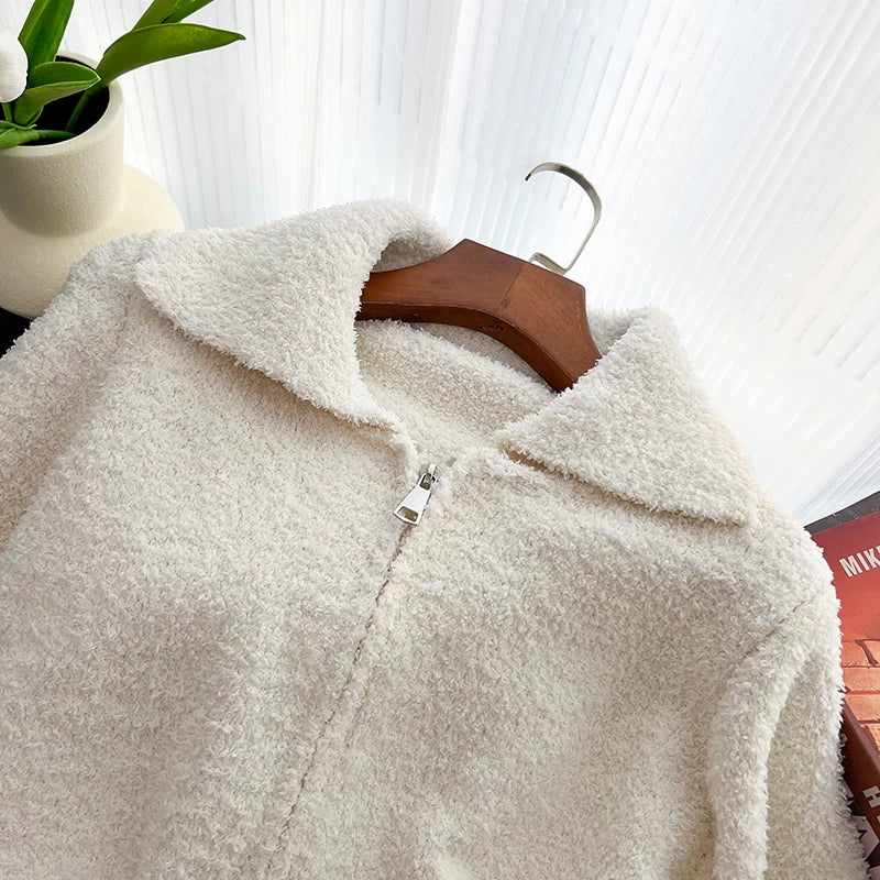 Hnewly  Lamb Wool Cardigan Jacket Women 2025 Autumn Winter New Korean Loose Sweater Coat Fashion Zipper Lapel Knittted Outerwear