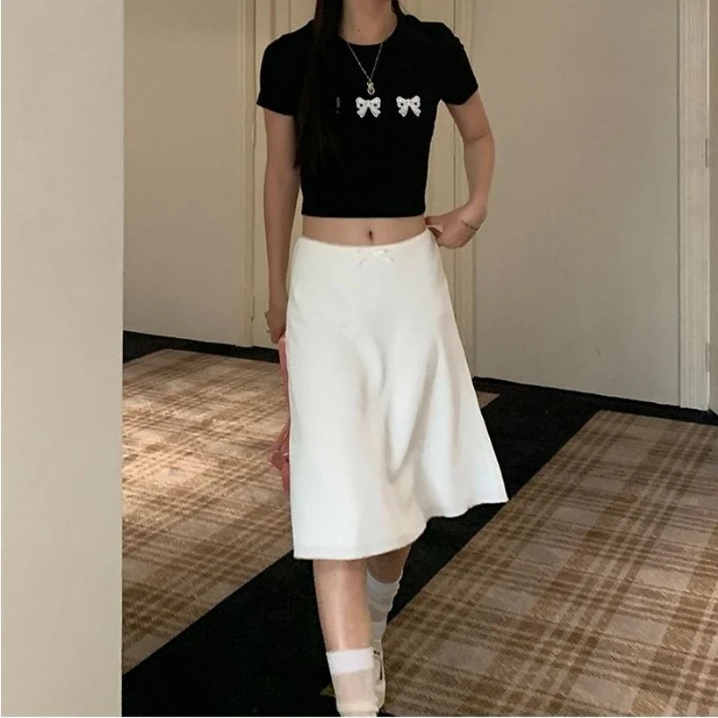 Hnewly Elegant White Women Satin Skirt Fairycore Ruffle Mid Skirts Coquette A-line Basic Casual Korean Style Summer Silk Skirt