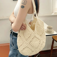 Hnewly  Summer Beach Straw Handbag Eco Friendly Handmade Woven Cotton Crochet Tote Bags Purse Vacation Shoulder Bag