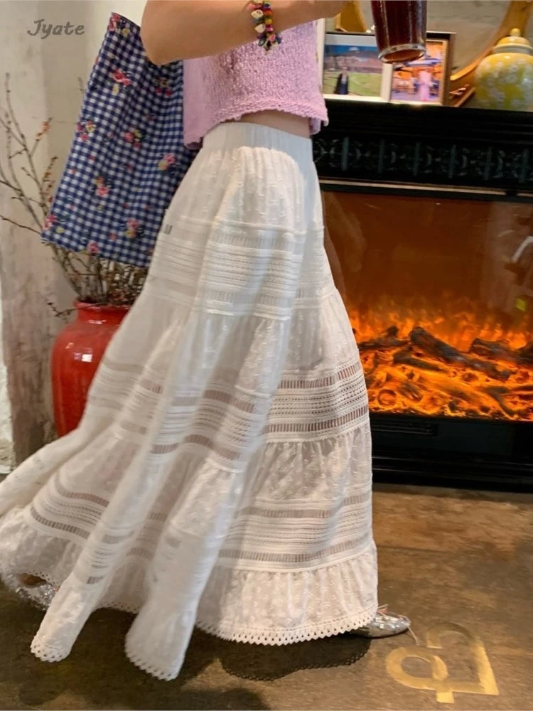 Hnewly   Hollow Lace Spliced White Long Skirt 2025 Spring Summer New Elastic Waist Cotton A-line Vacation Beach Boho Skirt