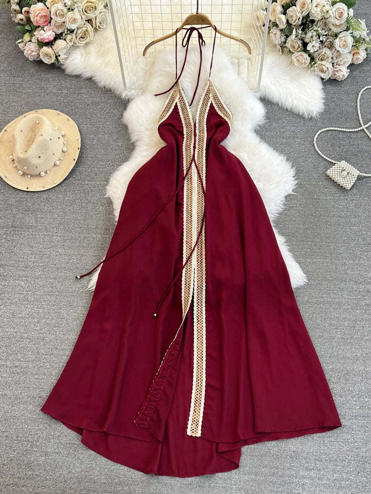 Hnewly  Temperament Hanging Neck Dress Elegant Hollow Out Backless Slit A-line Large Hem Dress Women's Beach Vacation Long Dress