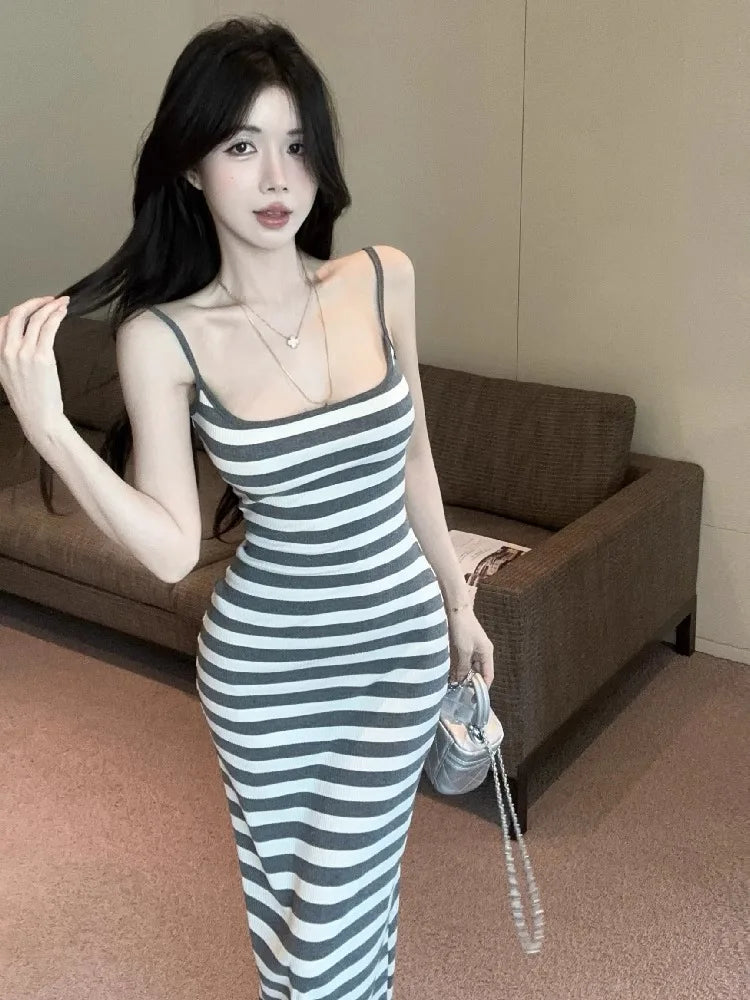 Hnewly  Striped Dresses Women Sleeveless Sexy Backless Slim Elegant Split Slash Neck Summer Fashion Party Dress Female Casual