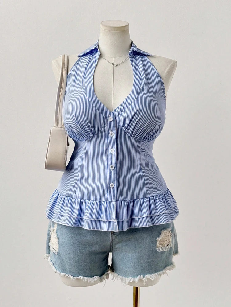 Hnewly  Oversized Women's Sleeveless Pleated Hem Casual Shirt Blue Striped Shirt V-Neck Beach Resort Backless