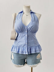 Hnewly  Oversized Women's Sleeveless Pleated Hem Casual Shirt Blue Striped Shirt V-Neck Beach Resort Backless
