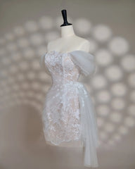 Hnewly  Off Shoulder Floral Lace Wedding Gown Ruched Wrap Skirt Side Tulle Sash Lace Up Back Mini Short Bridal Evening Dress