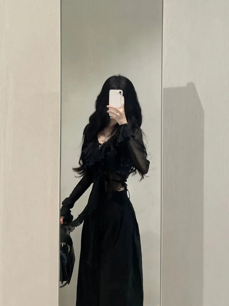 Hnewly 2025 spring fashion trend Fashion V-neck Ruffles Black Long Sleeve Cardigan Mujer+ Y2k High Waist Loose Wide Leg Pants Summer New Two Piece Sets
