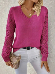 Hnewly  Long Sleeve Pointelle Knit Top Pullovers Women Sweater Openwork Long Sleeve V-neck Jumper Fall Winter Blusas Para Mujer Outfit