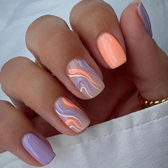 Hnewly 24Pcs Press On Nails Simple French Colorful Wavy Abstract Line Fake Nails Full Cover Nail Art Tips Coffin Square Head False Nail