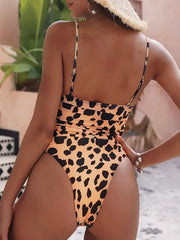 Hnewly  Push Up Bra Cup Leopard Scrunched Women Bandeau Swimwear One Piece Swimsuit Female Monokini High Cut Bathing Suit Swim Bodysuit