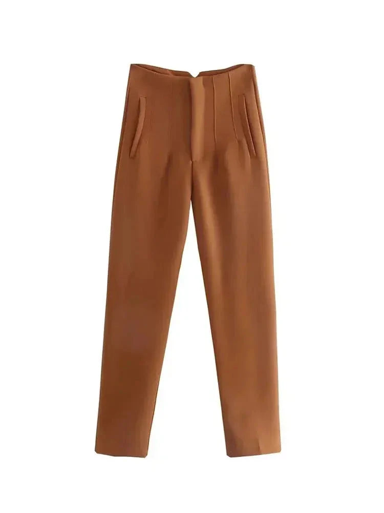 Hnewly Women Fashion With Pockets Casual Basic Solid Pants Vintage High Waist Zipper Fly Female Ankle Trousers Pantalones Mujer